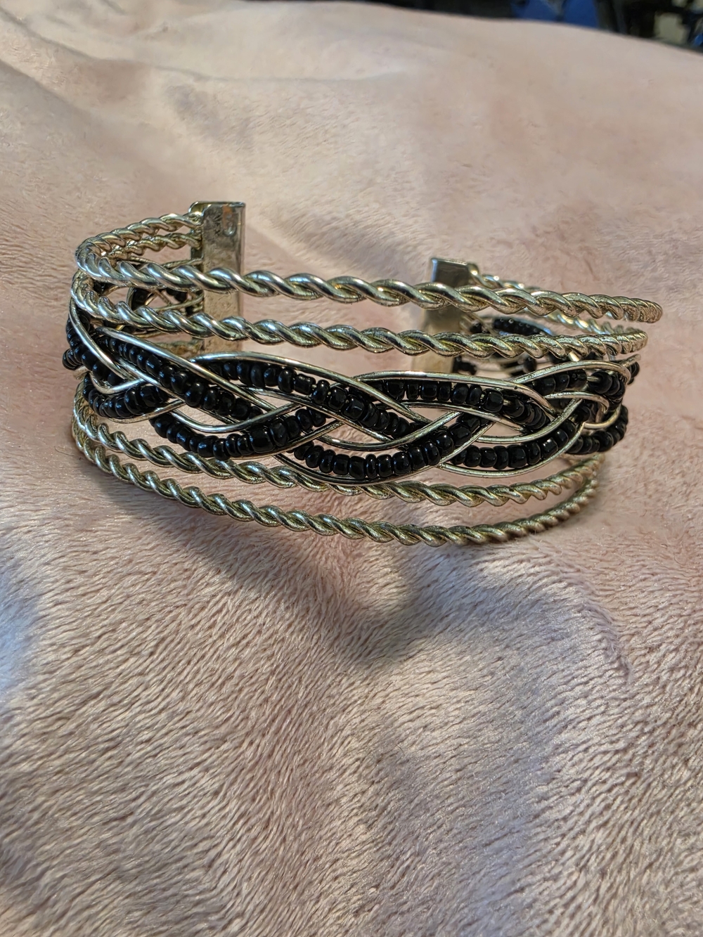 Vintage Silvertone and Black Braided Cuff Bracelet - Women Jewelry